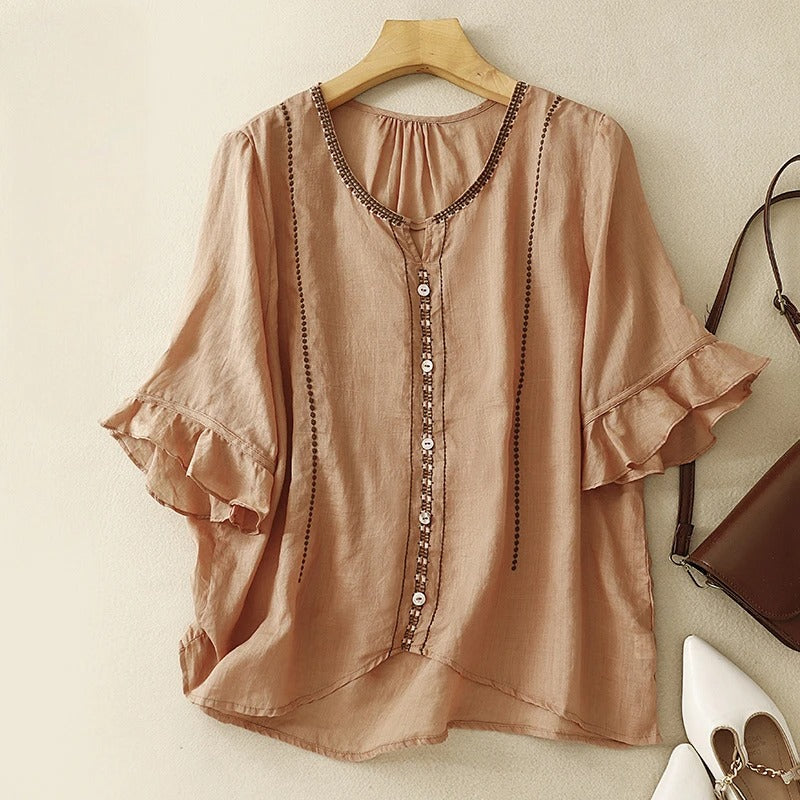Embroidered Ruffle Sleeve Blouse