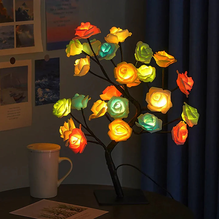 USB-powered LED rose blossom bonsai tree lamp. Convenient decorative flower light for home.