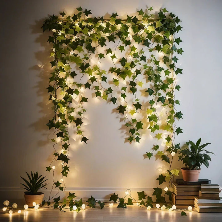 Warm white LED leaf string lights, perfect for tabletop, mantel, or wall decoration.