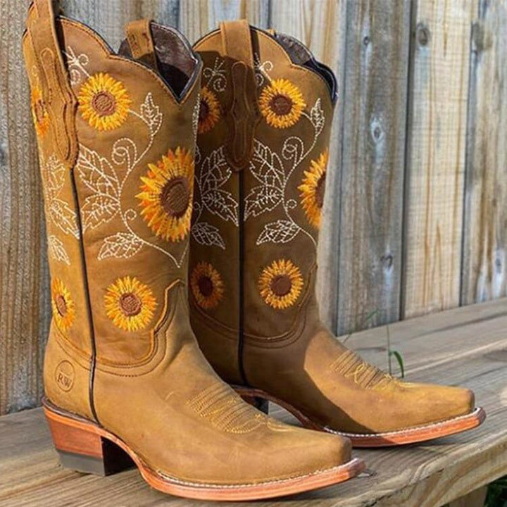 Women's stylish sunflower embroidered wide calf cowboy boots with a square toe, perfect for festivals & casual wear.