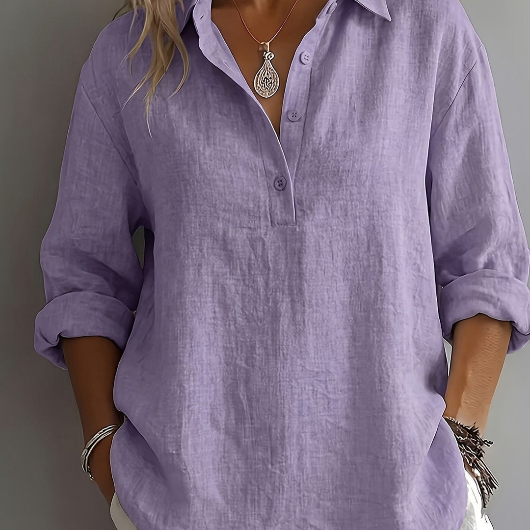 Women's relaxed collared blouse, long sleeve. Effortless, versatile, comfortable everyday workwear top.