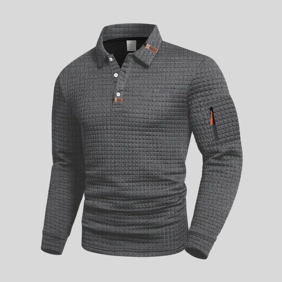 Men's textured long-sleeve polo shirt with sleeve pocket. Ideal for smart casual menswear, modern style.