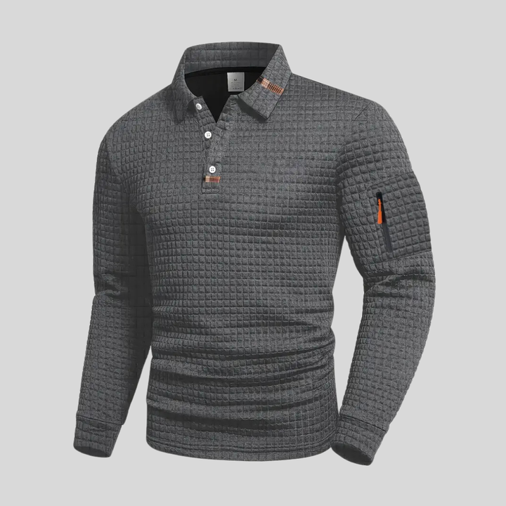 Men's textured long-sleeve polo shirt with sleeve pocket. Ideal for smart casual menswear, modern style.