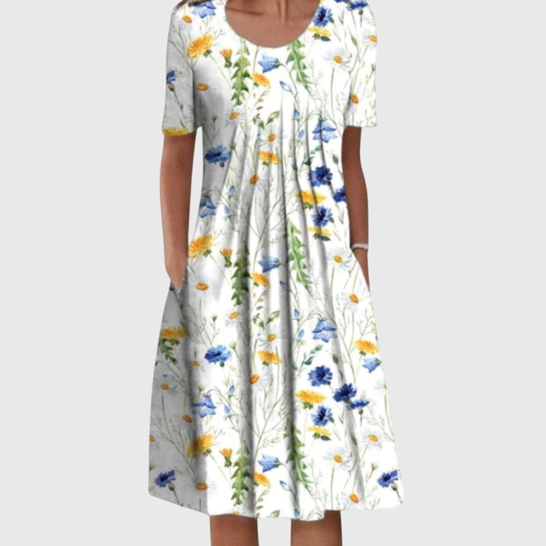 Versatile women's printed round neck midi dress, ideal for elegant casual outfits and summer events.