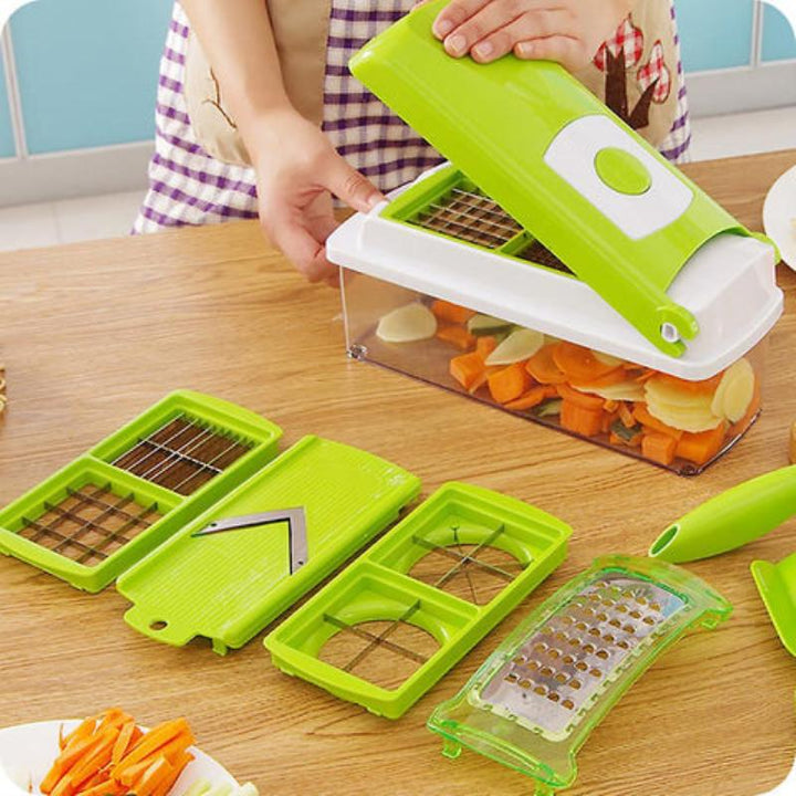 Manual kitchen food prep tool; safe multi-function vegetable slicer with sturdy non-slip base for easy use.