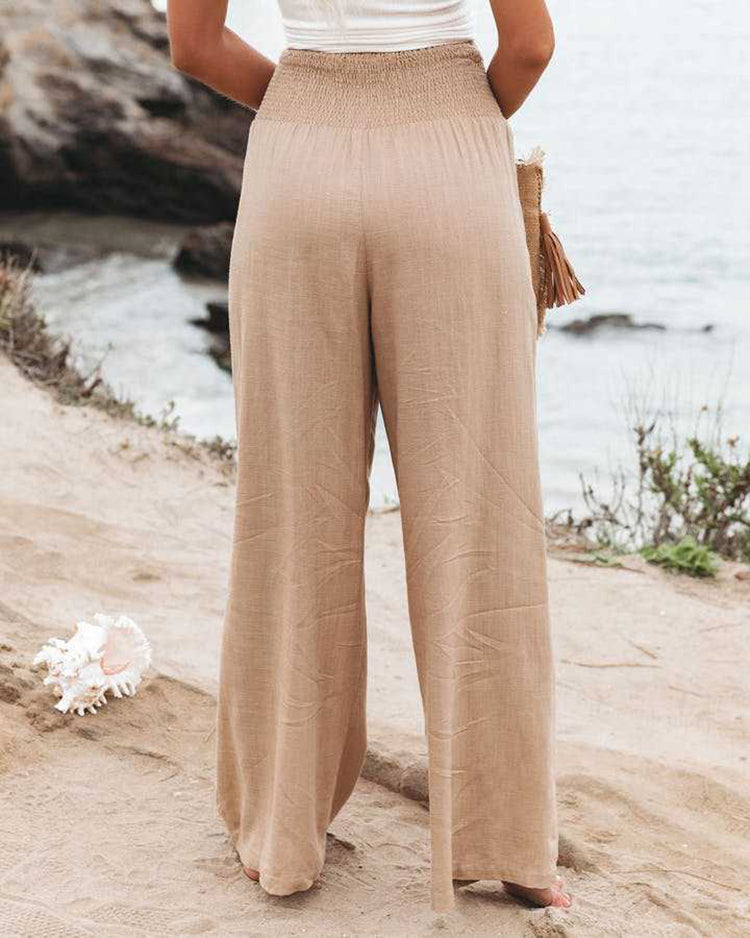 Elegant women's wide leg linen blend trousers, ideal for summer fashion & casual comfort.