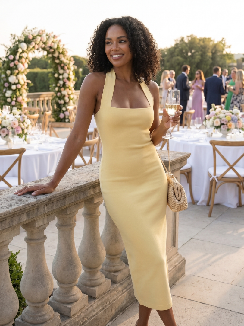 Sleek women's party dress with a fitted design and elegant halter neck, suitable for cocktail events.