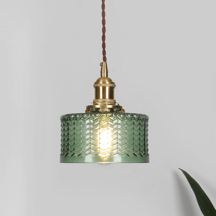Retro ribbed glass pendant light with a chic brass finish switch, an industrial style ceiling fixture for any home.