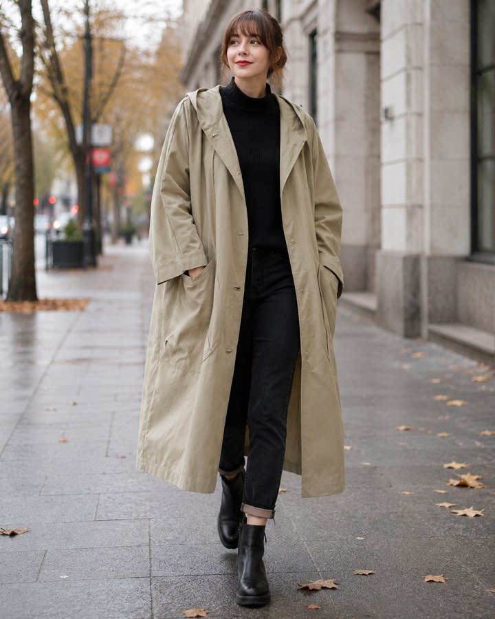 Chic women's long waterproof trench coat, a timeless outerwear piece perfect for any weather.