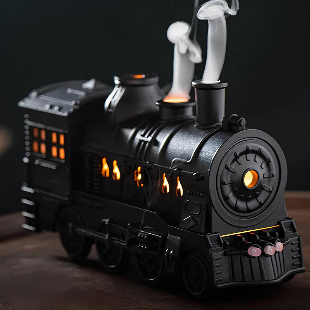Stylish vintage train humidifier with LED glow, a cool mist desktop diffuser for improved home air quality.