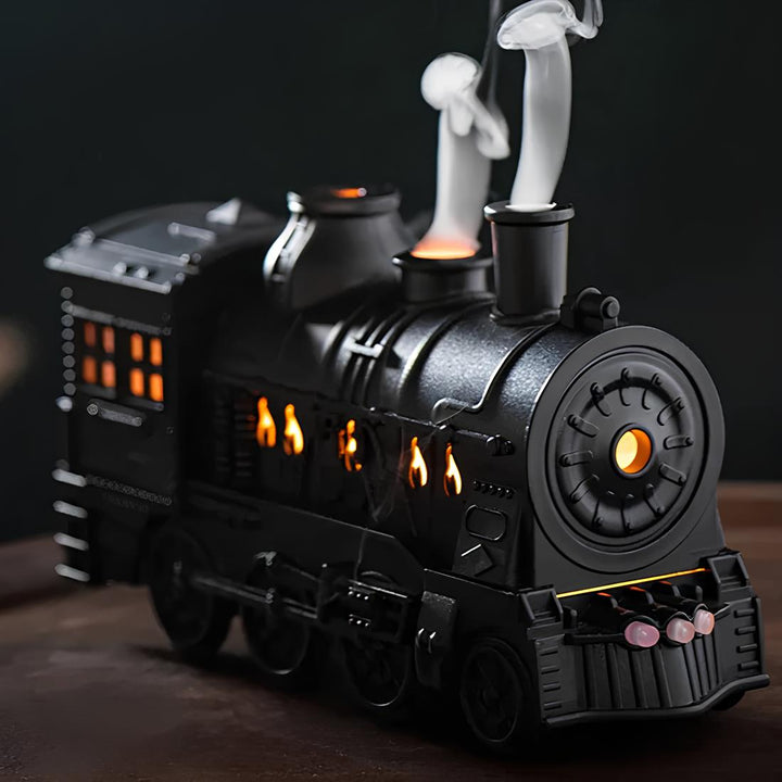 Stylish vintage train humidifier with LED glow, a cool mist desktop diffuser for improved home air quality.