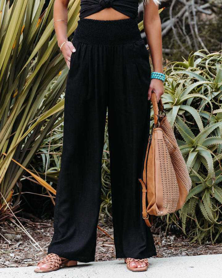 Loose fit women's linen blend wide leg pants with comfortable elastic waist, great for everyday style.