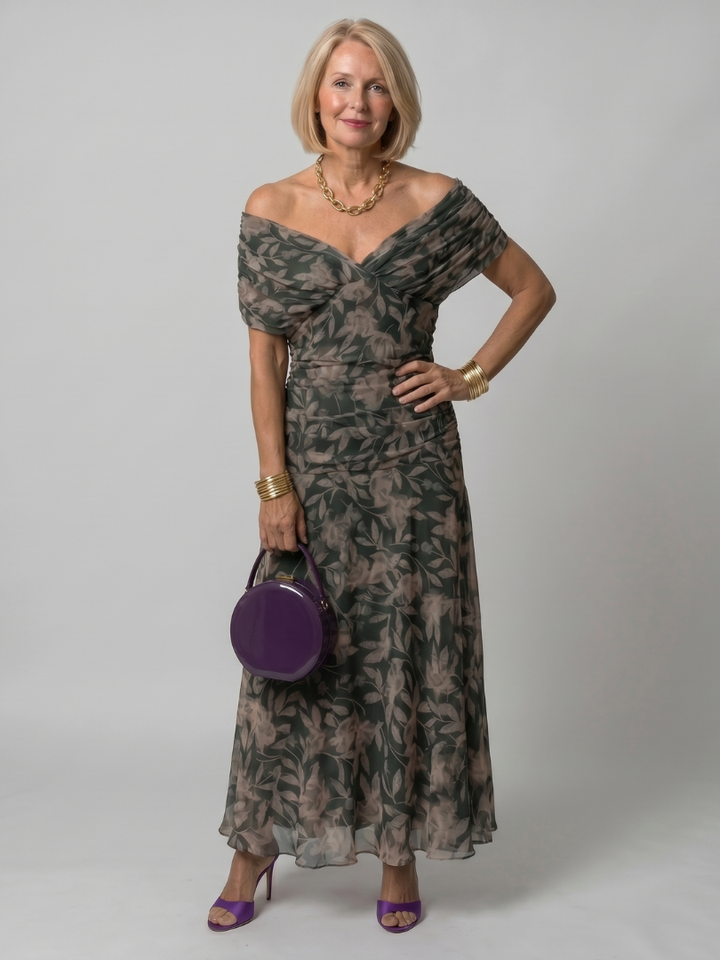 Summer-ready women's off-shoulder flow midi dress, comfortable, chic, and perfect for events.