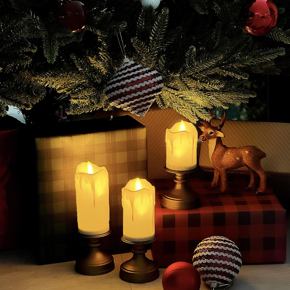 Set of flameless LED candles with timer function, creating a warm and inviting atmosphere.