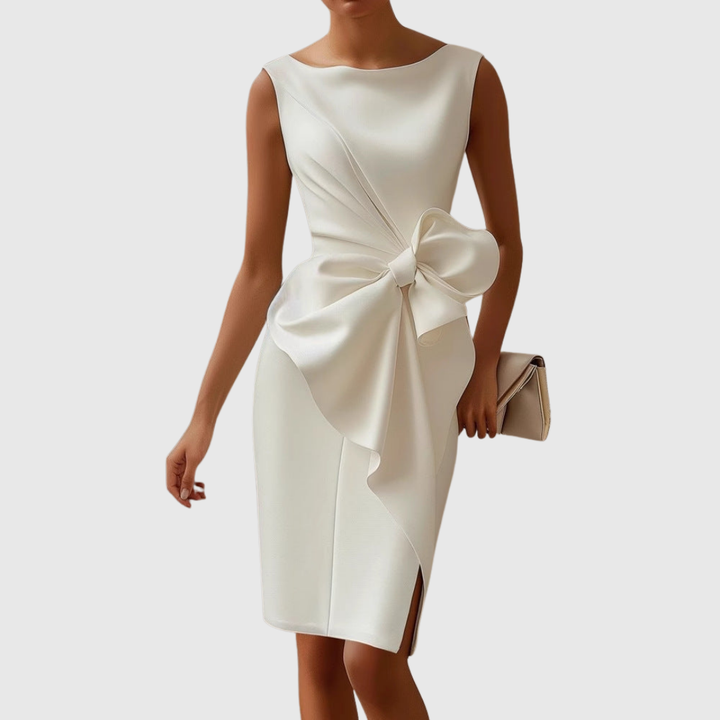 Women's Sleeveless Boat Neck Midi Dress with Side Bow