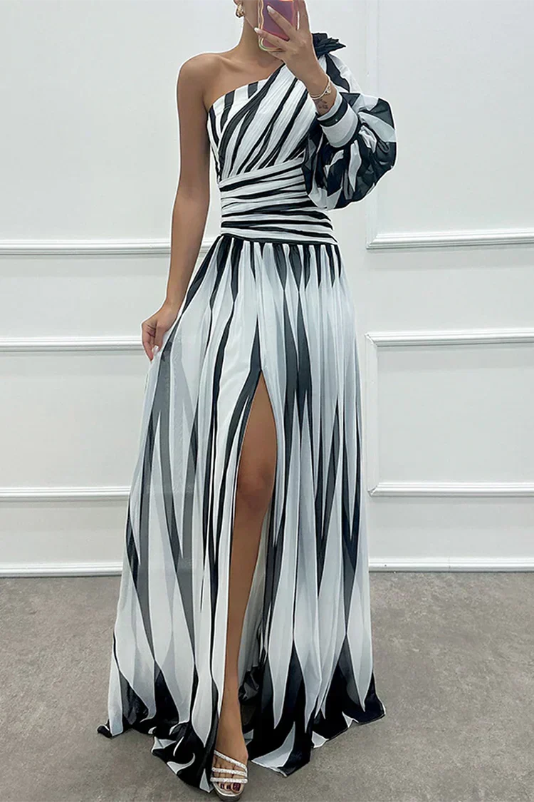 Chic one-shoulder striped maxi dress, ideal for parties, evening events & summer fashion.
