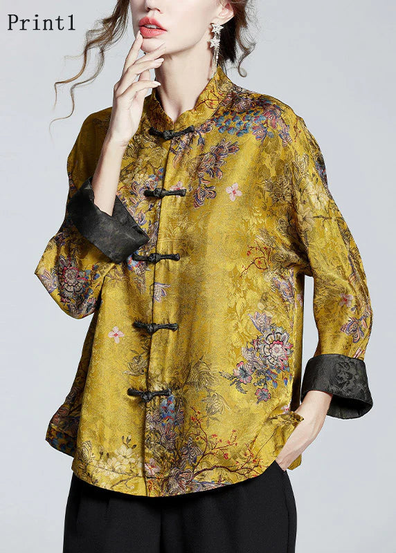Women's elegant printed stand collar statement coat with long sleeves. Perfect fashion outerwear for occasion wear.