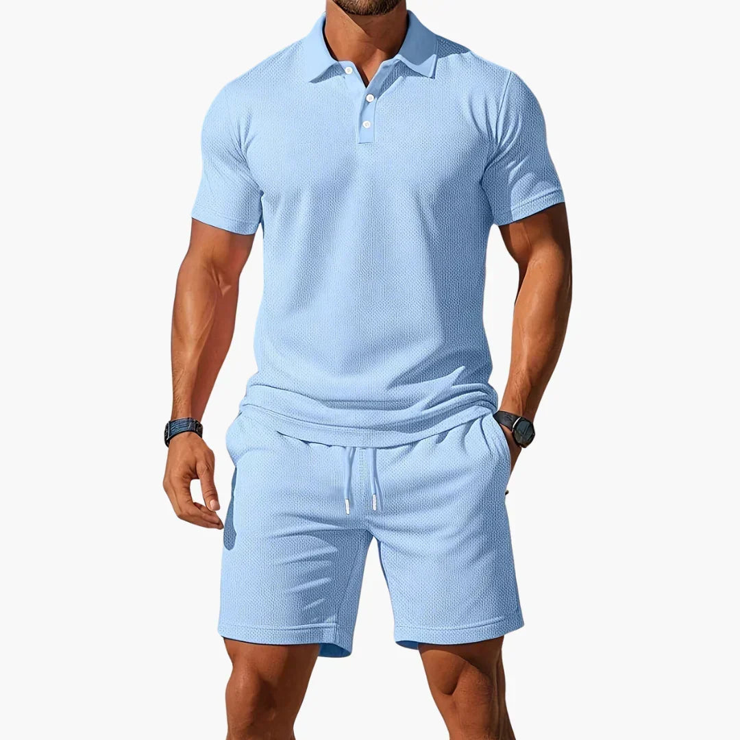 Men's sophisticated summer polo shirt & tailored shorts set. Coordinated for effortless smart casual style.