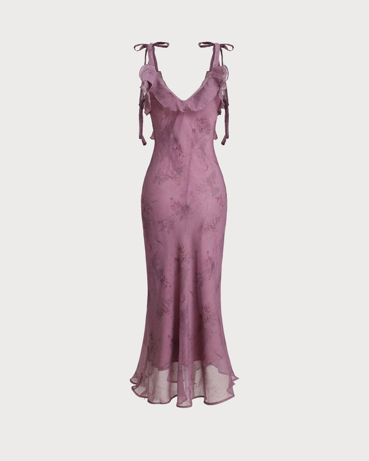 Women's summer floral midi slip dress with playful ruffles & tie-straps, great for vacation.