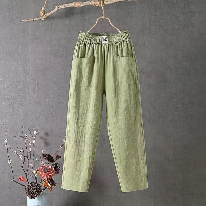Relaxed fit women's classic linen blend pants with elastic waist for comfortable, stylish casual wear.