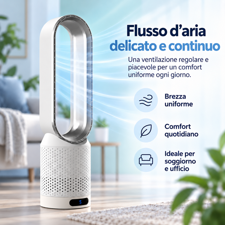 Sleek, modern bladeless tower fan, safe for homes. Provides quiet air circulation & room cooling.