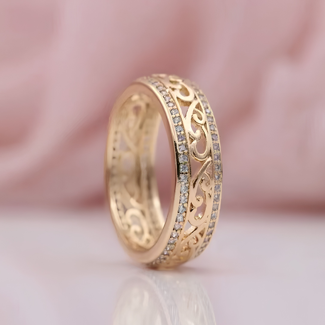 Elegant Women's Rose Gold Hollow Ring with Sparkling Diamond Accents, a stylish jewelry gift.
