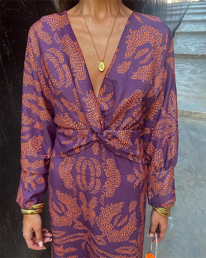 Beautifully styled women's boho wrap dress, showcasing its versatile and elegant flowing maxi design.