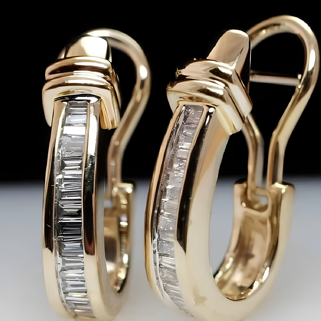 Women's retro geometric gold-tone statement earrings. Vintage inspired fashion jewelry, elegant accessory for her.