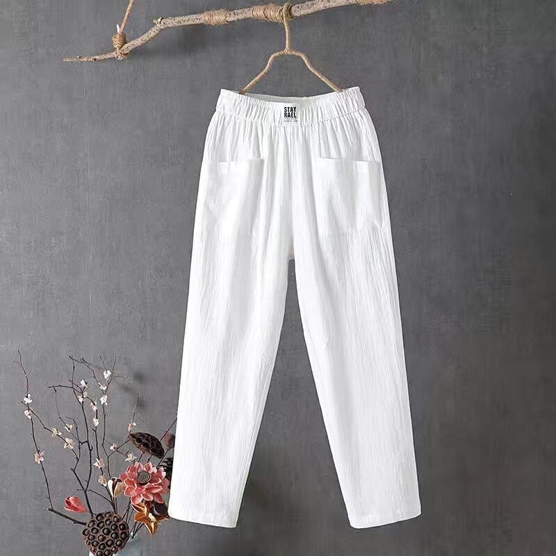 Breathable women's linen blend trousers with elastic waist, ideal for chic casual summer outfits.