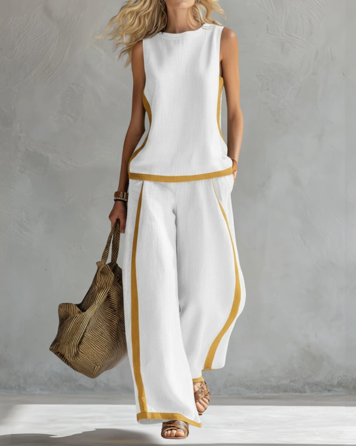 Versatile women's two-piece set featuring a sleeveless top and comfortable wide leg trousers.