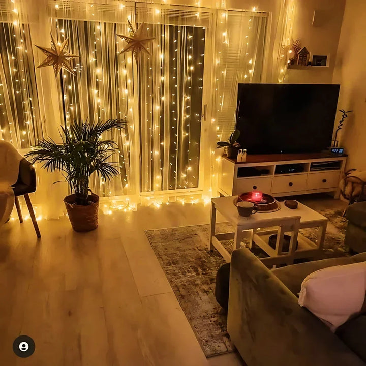 Warm white LED curtain string lights for enchanting indoor/outdoor ambiance & decor.