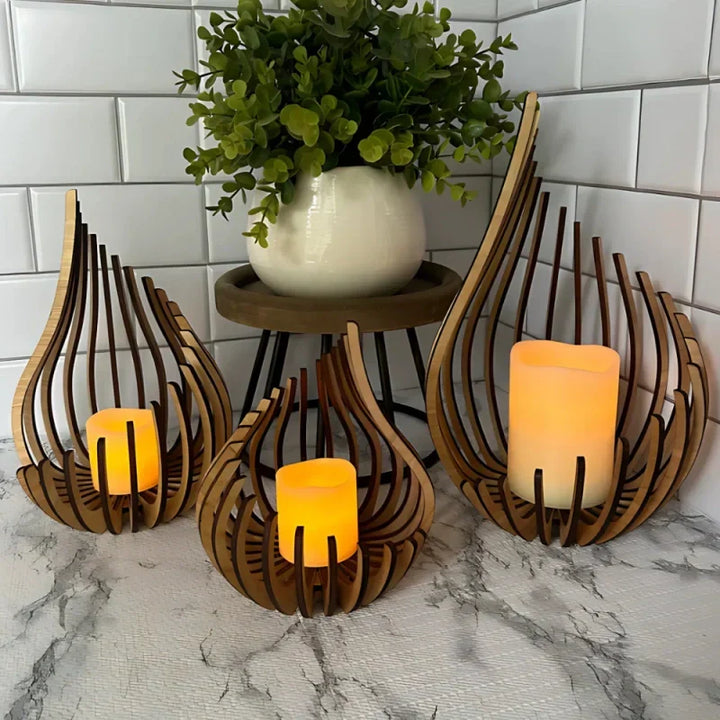 Wooden hollow carved candle holder for tea lights, rustic home decor.