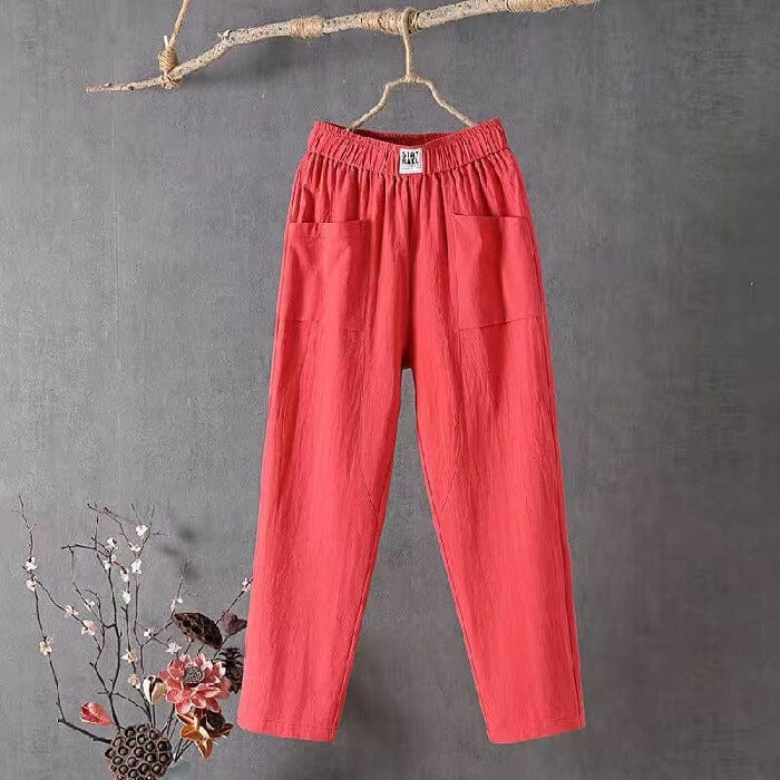 Women's elastic waist linen blend pants, offering breathable comfort for everyday casual wear.