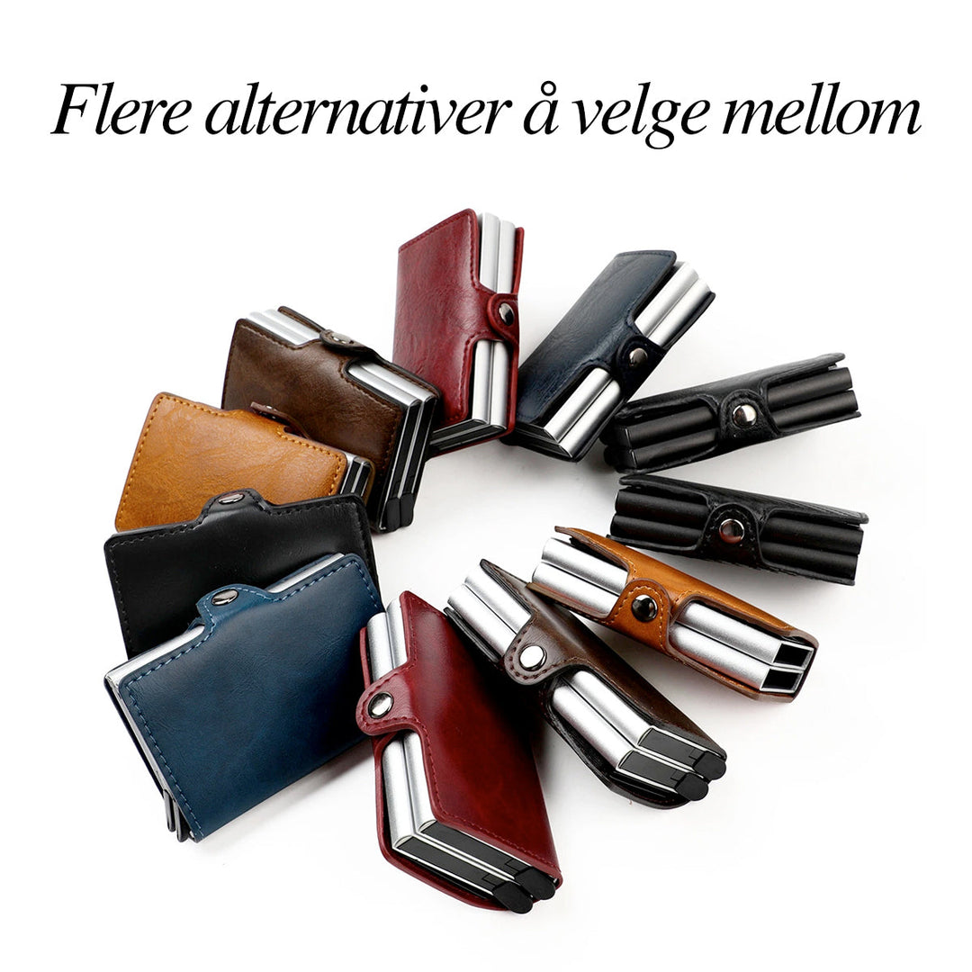 Men's credit card holder, slim aluminum design, RFID protection & convenient double pop-up feature.