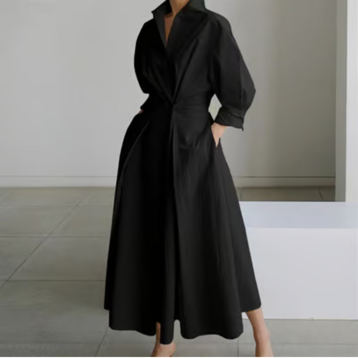 Elegant Women's Lapel Wrap Maxi Dress, flattering long style perfect for day or night.