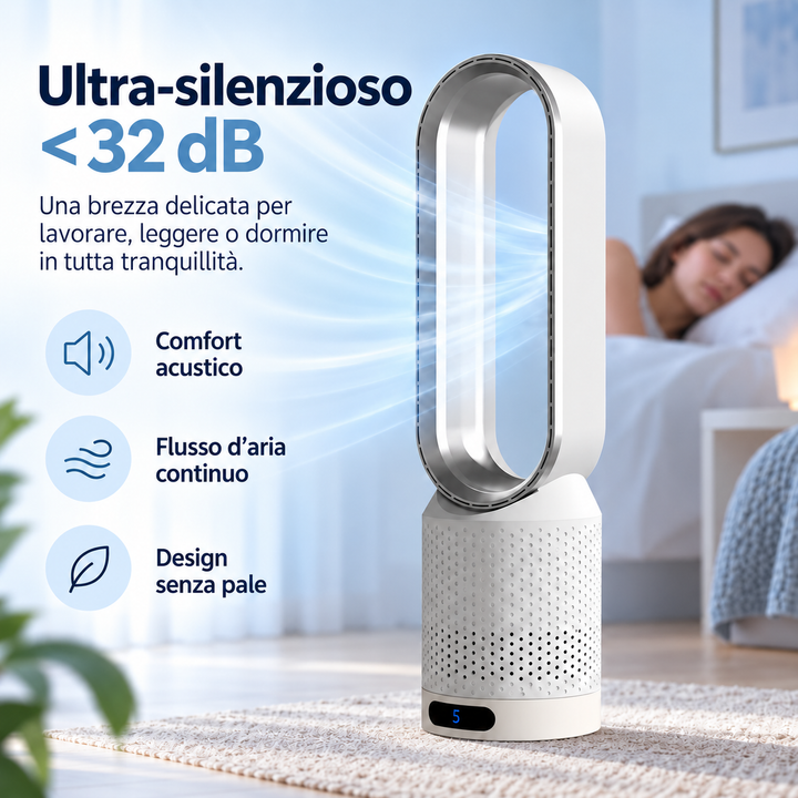 Enjoy powerful, quiet air circulation with this modern bladeless tower fan for ultimate room cooling.