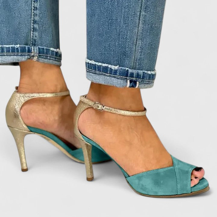 Stylish blue orthopedic heels for women, offering superior arch support & foot comfort. Perfect fashion dress shoes.