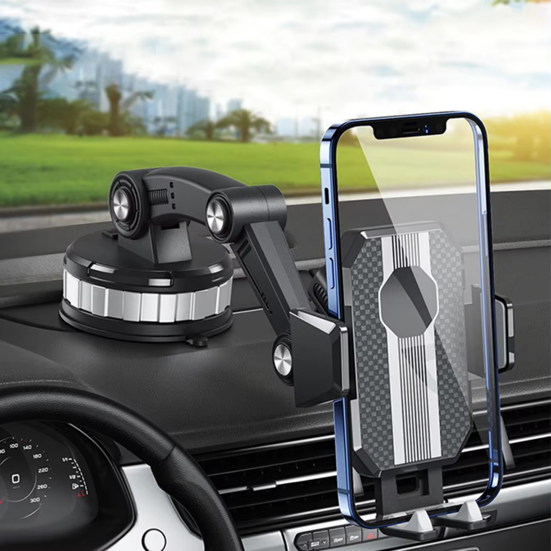 Universal car phone holder with strong suction grip & 360° rotation for smartphones.