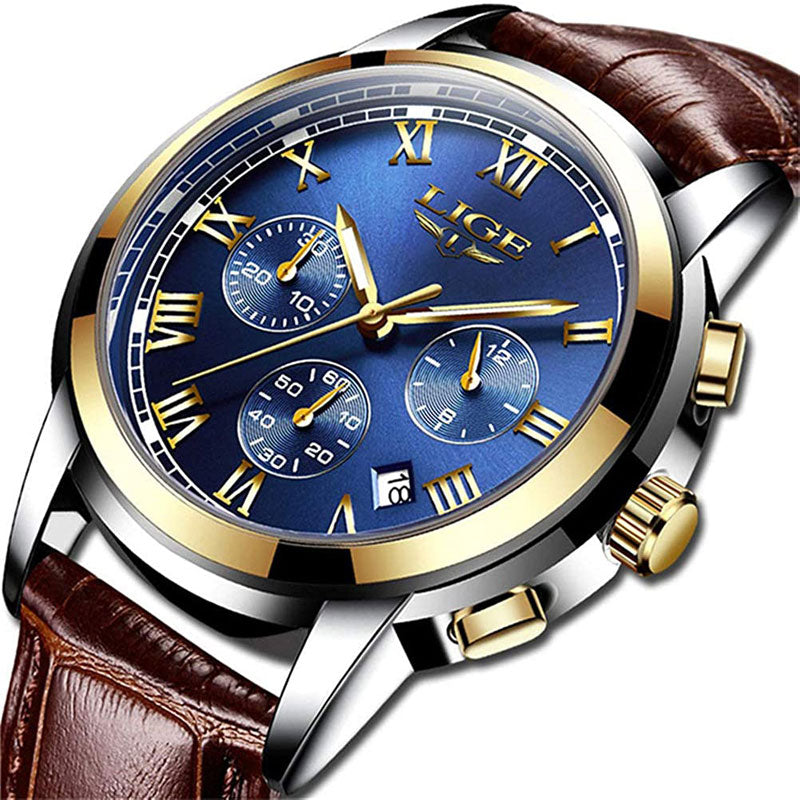 Men's Swiss-inspired luxury watch with a black leather band, elegant design, and classic quartz movement.
