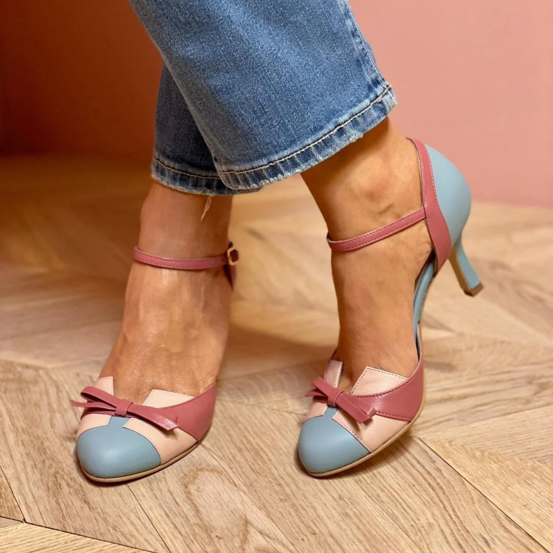 Women's dusty blue vintage sandals with comfortable mid heel & adjustable strap, perfect for summer comfort.