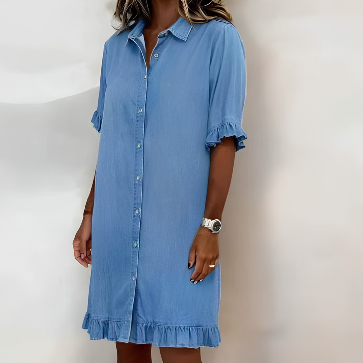 Simple yet elegant women's faux denim ruffled shirt dress, perfect for a chic and casual spring look.