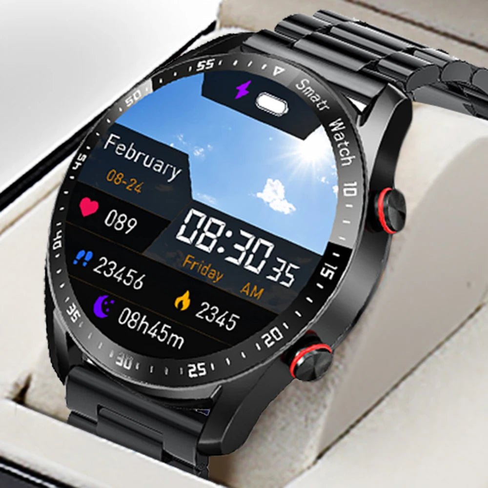 Smartwatch display showing real-time heart rate data & health metrics for daily wellness tracking.