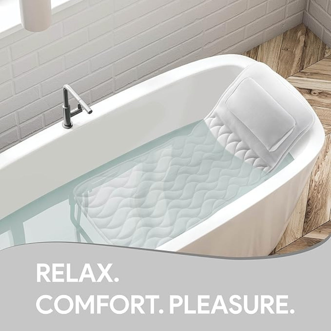 White full body bath pillow for complete bathtub comfort & neck/body support. Enjoy a relaxing unisex spa experience.
