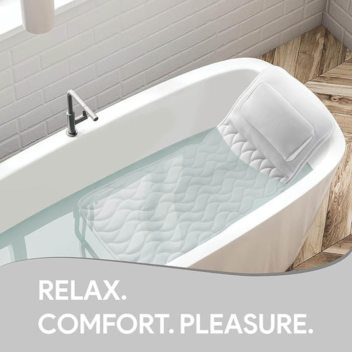 White full body bath pillow for complete bathtub comfort & neck/body support. Enjoy a relaxing unisex spa experience.