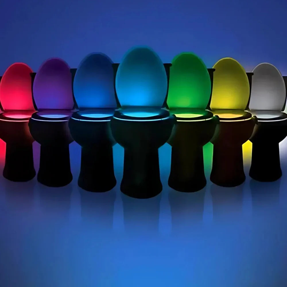 Compact, water-resistant motion sensor toilet light, showing a range of vivid colors. Enhances bathroom safety & decor.