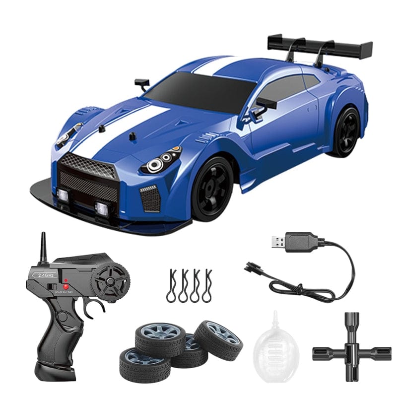 High-speed RC drift car with all-wheel drive, inspired by a Mustang, performing a power slide. Remote control racing toy.
