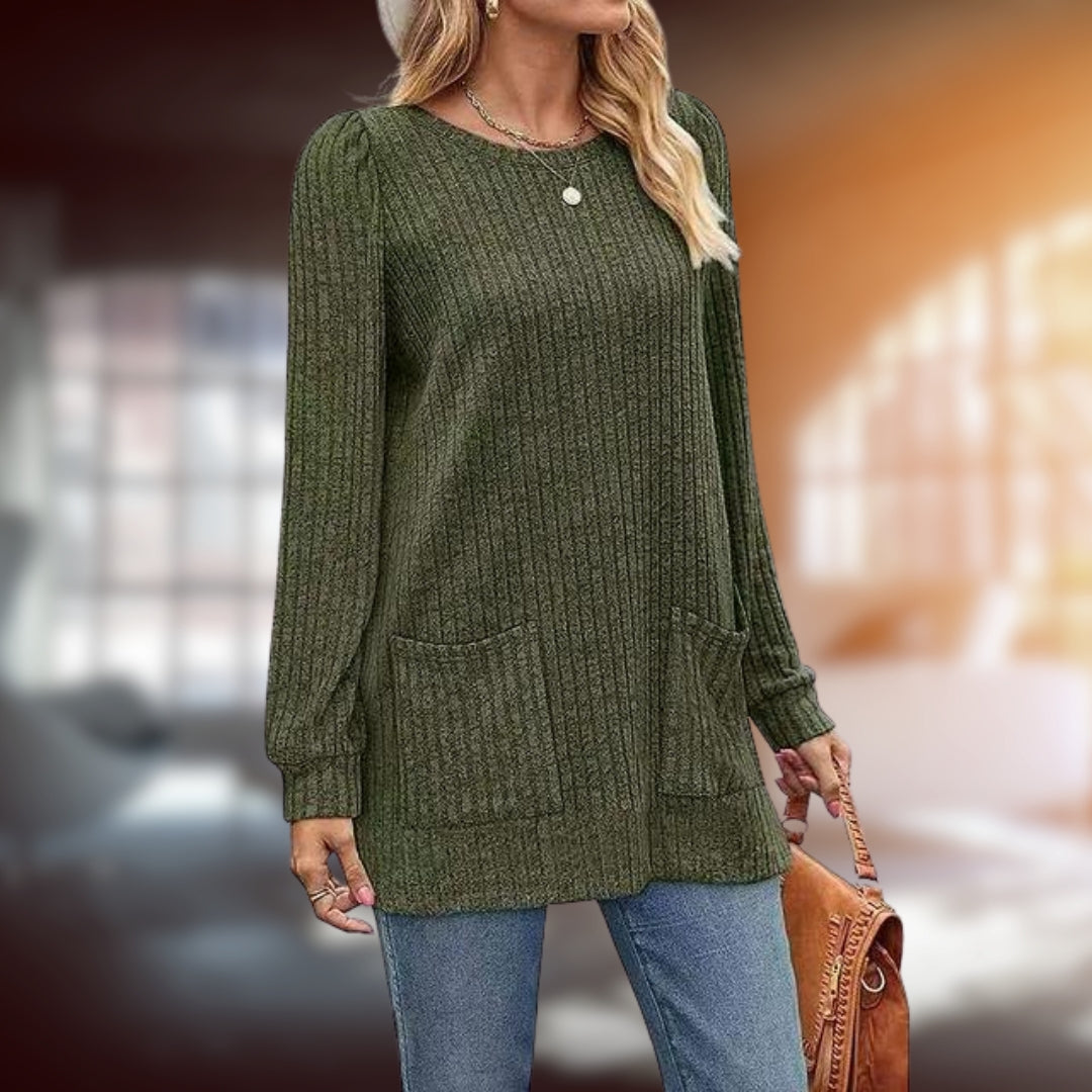 Women's elegant long sleeve pullover sweater. Chic, comfortable knit top for autumn & winter casual style.