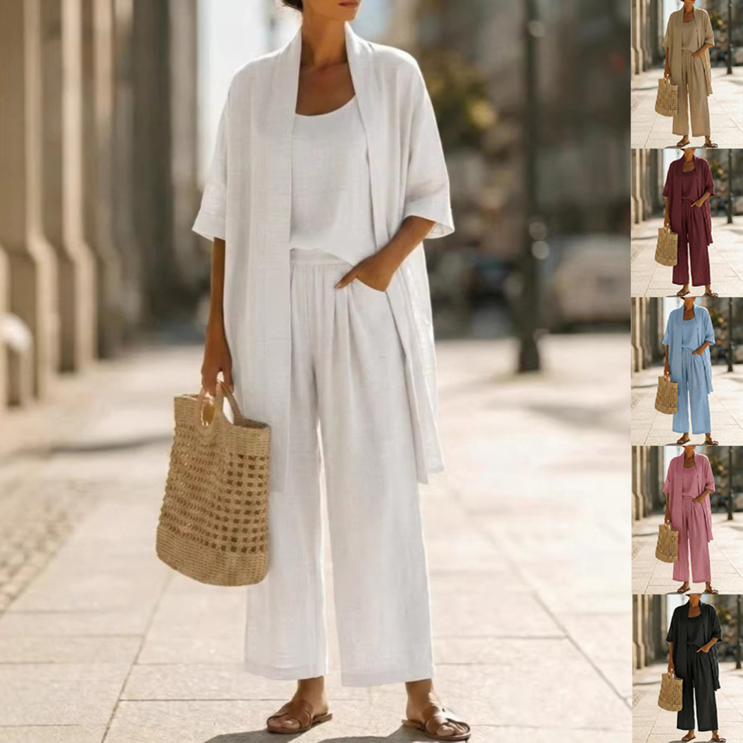 Women's versatile 3-piece set: elegant long cardigan, sleeveless tank top, and straight-leg pants for chic look.