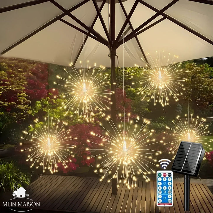 Vibrant outdoor solar string lights with remote control, perfect for garden and patio decor.