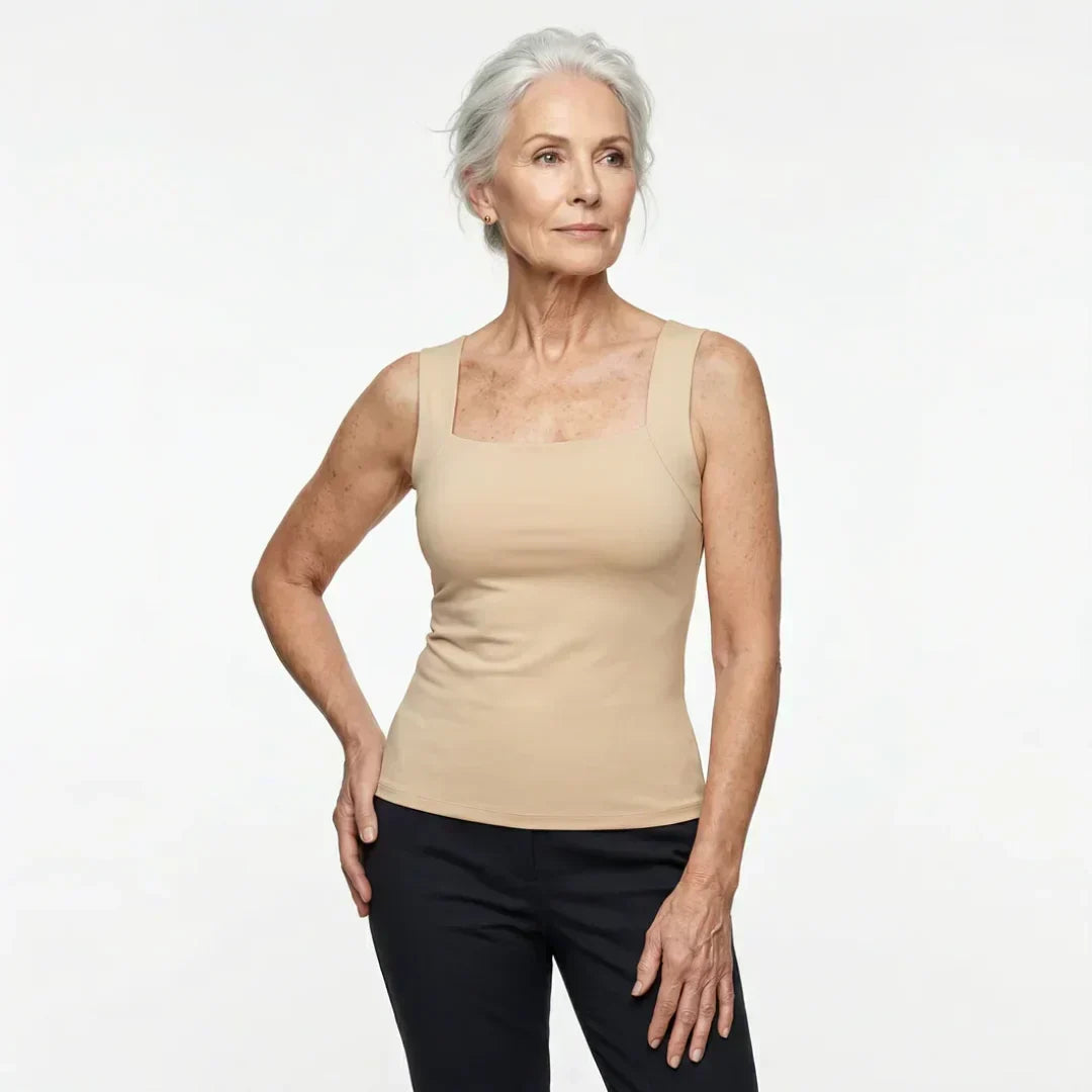 Layering women's support tank in grey, with an integrated bra for ultimate comfort.